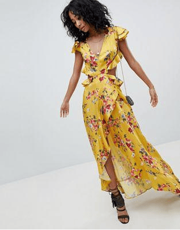 DESIGN ruffle maxi dress with cut out back in yellow floral print
