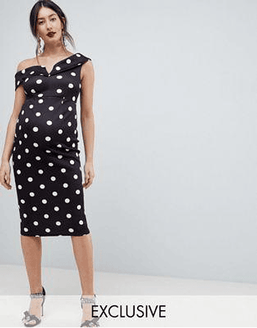 DESIGN Maternity scuba bardot midi dress in mono spot