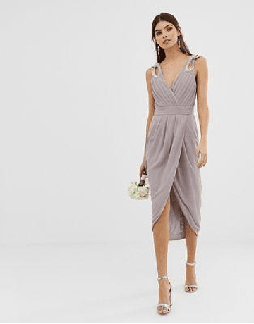 TFNC wrap midi bridesmaid dress with embellished shoulder in grey