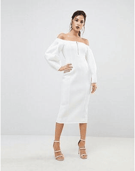 Premium Off Shoulder Midi Dress With Zip Front