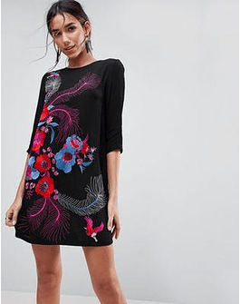 PREMIUM Bird and Floral Embroidered Shift Mini Dress