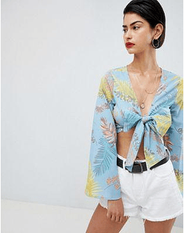 Missguided Tropical Print Tie Front Top