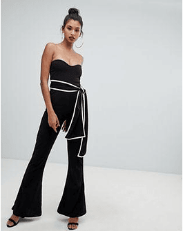 PrettyLittleThing bandeau tie waist jumpsuit in black