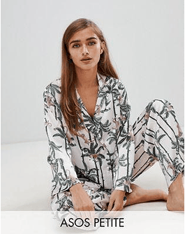 DESIGN Petite monkey print double breasted shirt and PANTS pyjama set