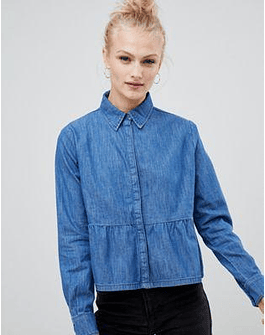 DESIGN denim shirt with ruffle hem in midwash blue