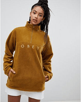 Obey half zip sweatshirt with front logo in teddy fleece
