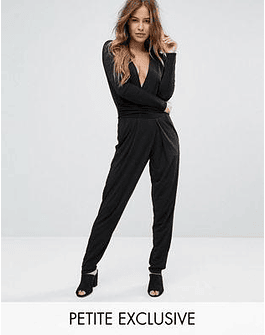 John Zack Petite Slinky Wrap Front Jumpsuit With Plunge Back Detail