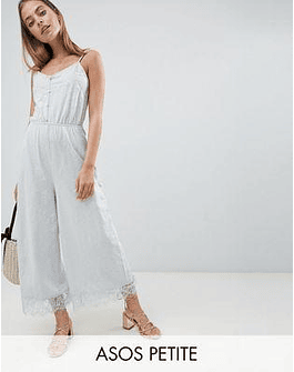 DESIGN Petite cami jersey jumpsuit with lace trim and button front
