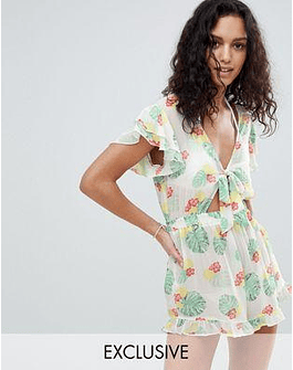 South Beach Lemon Print Tie Front Romper