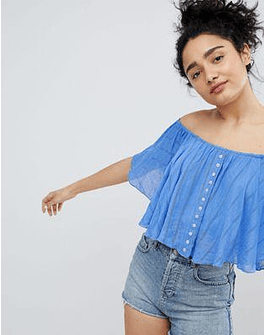 Bershka button stripe of the shoulder top in blue