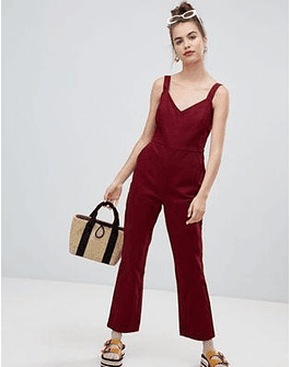 DESIGN denim jumpsuit with kickflare in berry