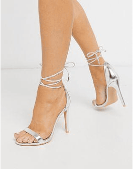 Glamorous Silver Ankle Tie Heeled Sandals