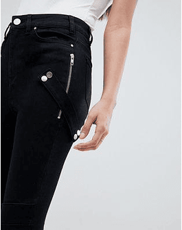 DESIGN Ridley high waist skinny jeans in clean black with biker zip detail