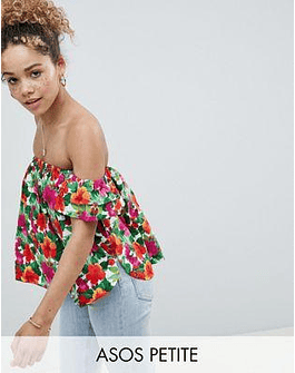 DESIGN Petite Cotton Off Shoulder Top In Tropical Floral