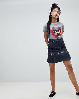 Love Moschino Embroidered Denim Frill Mini Skirt