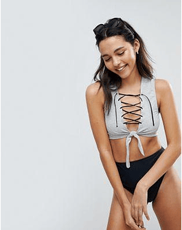 DESIGN Gray Marl Jersey Lace Up Crop Bikini Top