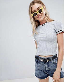 Bershka stripe tipping ribbed top in gray