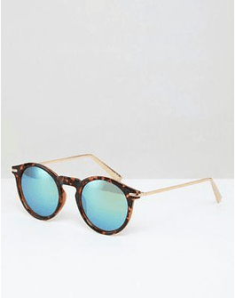 Round Sunglasses With Metal Arms And Flash Lens In Tort