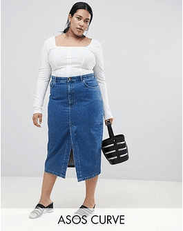 DESIGN Curve denim midi skirt with split front in midwash blue