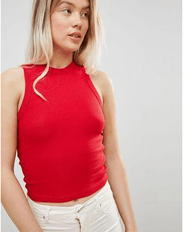 Pull&Bear ribbed crop razor back top in red