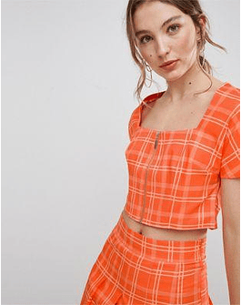 Unique 21 Square Neck Fitted Top With Zip Front In Check Two-Piece