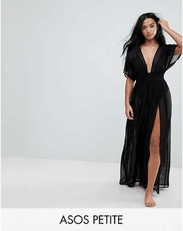 DESIGN Petite shirred waist maxi chiffon beach caftan