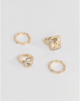 DESIGN pack of 4 rings with vintage style icon design and engraved band in gold