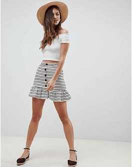 DESIGN stripe mini skirt with pep hem and button front