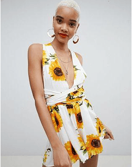 PrettyLittleThing Sunflower Print Tie Waist Romper