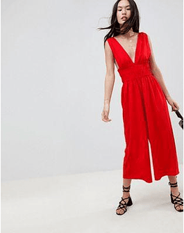 DESIGN Ruched Waist Plunge Jumpsuit
