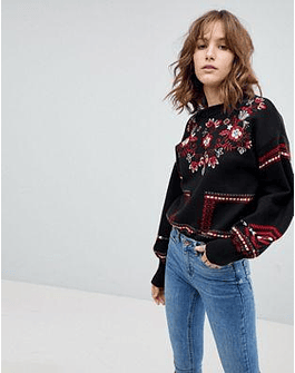 New Look Folk Floral Embroidered Sweater