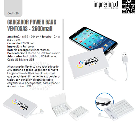 Cargador powerbank con ventosas - 2500maH 
