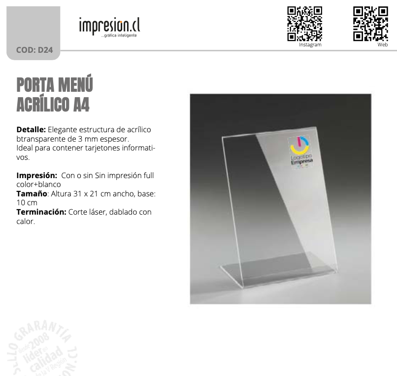 Porta Menú Acrílico
