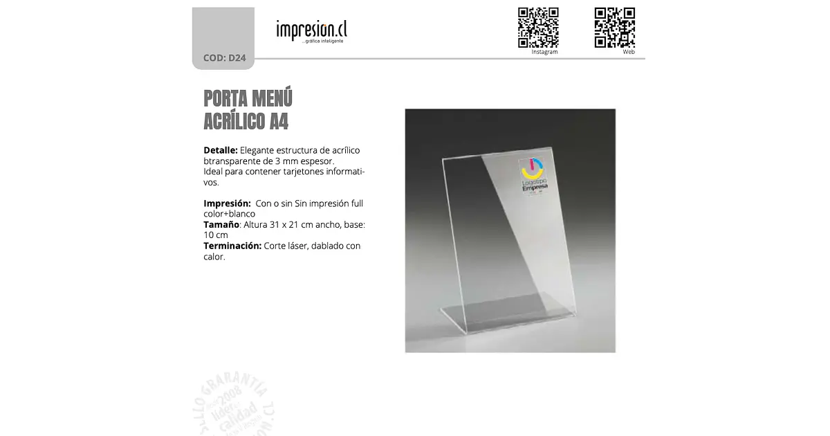 Porta Menú Acrílico