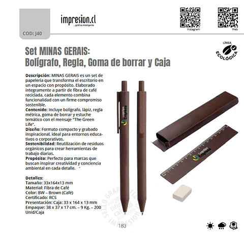 Set MINAS GERAIS: Bolígrafo, Regla, Goma de borrar y Caja