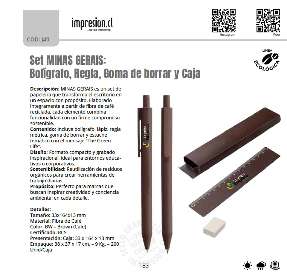Set MINAS GERAIS: Bolígrafo, Regla, Goma de borrar y Caja 1