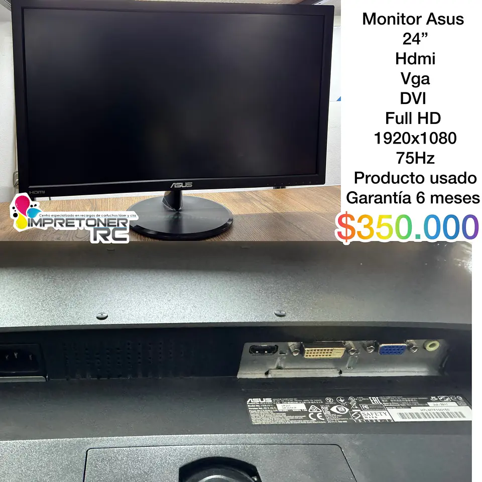 Monitor asus 24´´ full hd,puerto hdmi,puerto vga,puerto dvi,resolucion 1920x1080,garantia 6 meses. 1