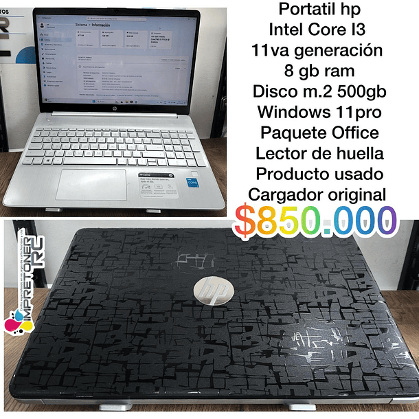 Portatil  hp core i3 11ava gen,8 ram,m.2 500gb,windows 11 pro, lector huella,garantia 6 meses.