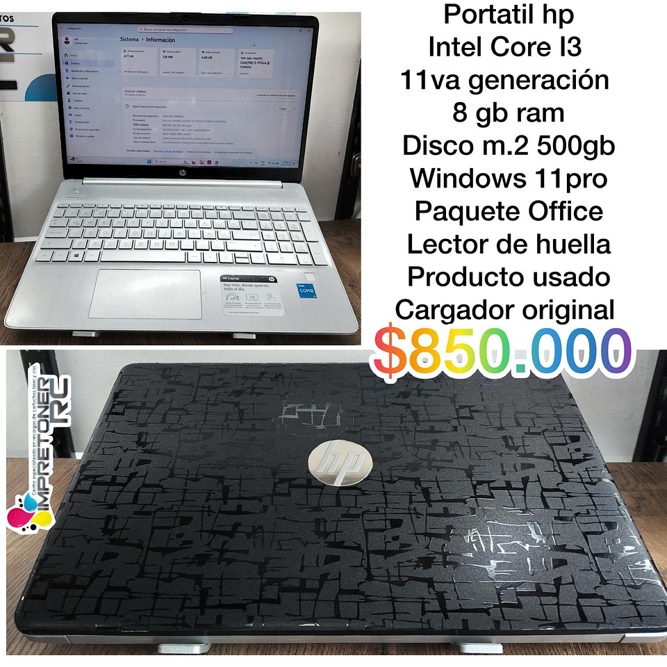 Portatil  hp core i3 11ava gen,8 ram,m.2 500gb,windows 11 pro, lector huella,garantia 6 meses. 1