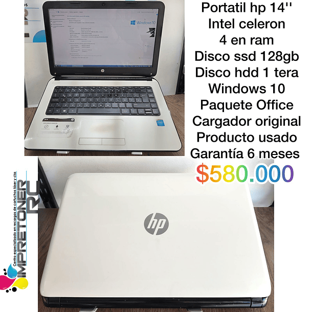 Portatil hp 14´´,intel celeron, 4 en ram, disco ssd 128gb, disco hdd 1 tera,windows 10.