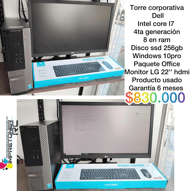 Computador dell, i7 4ta gen,8 ram,ssd 256gb,windows 10 pro,monitor 22´´ hdmi,garantia 6 meses.