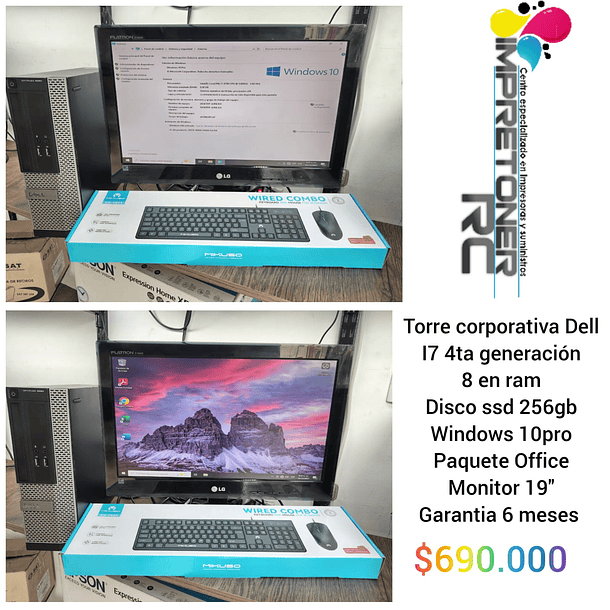 Computador dell, i7 4ta gen,8 ram,ssd 256gb,windows 10 pro, monitor 19´´hdmi,garantia 6 meses.