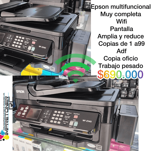 Impresora multifuncional epson,wf 2540,wifi,adf,copia oficio,pantalla,garantia 6 meses.