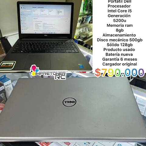 portatil dell i5 5ta ,8 en ram,ssd 128gb,hdd 500gb,bateria nueva,garantia 6 meses.
