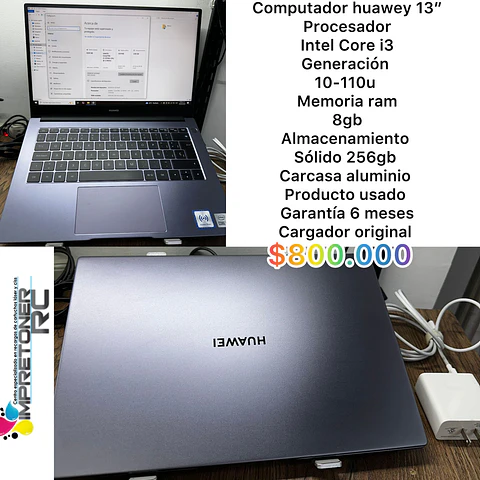 portatil huawei i3 10ma, 8 en ram,ssd 256gb,carcasa almunio,garantia 6 meses.