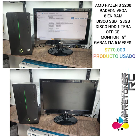 amd ryzen 3 3200, 8 en ram,ssd 128gb,hdd 500gb,office,monitor 19´´