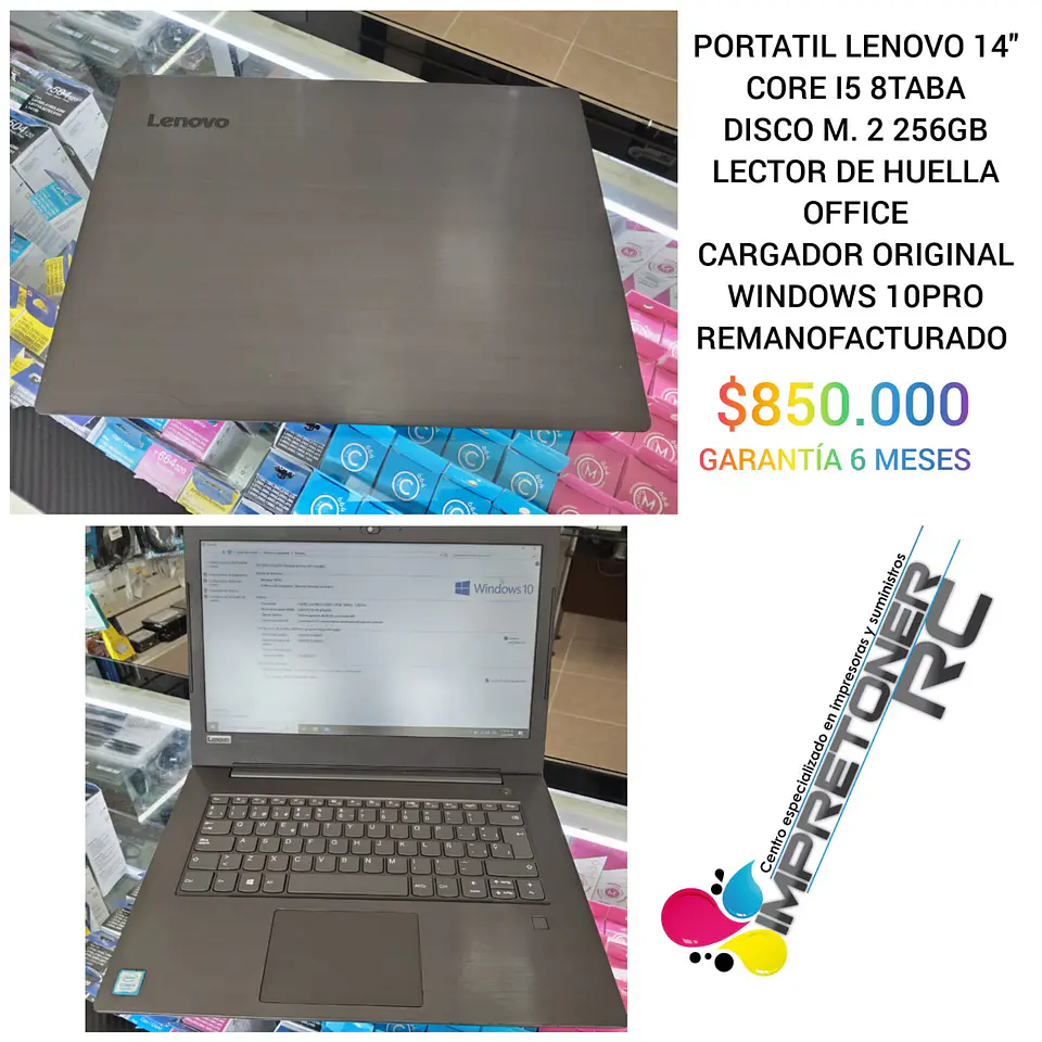 Portatil lenovo 14'',core i5 8tava, 8 en ram,disco m.2 256gb,lector huella,office,cargador original 1
