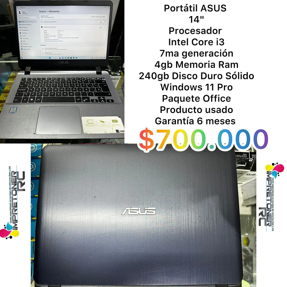 portatil asus 14′′,intel core i3 7ma, 4 en ram,disco ssd 256gb,paquete office,garantia 6 meses. 1