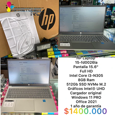 portátil hp Core i3 n305,8 en RAM, m.2 512gb,cargador original, Windows 11,garantia 1 año.