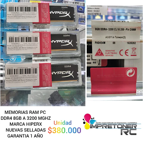 memoria ram pc, ddr4 8gb a 3200mghz,marca hiperx,nuevas selladas,garantia 1 año.